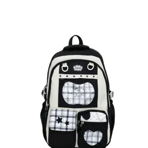 Black and white plaid school backpack for girls, cute casual daypack with multiple pockets.