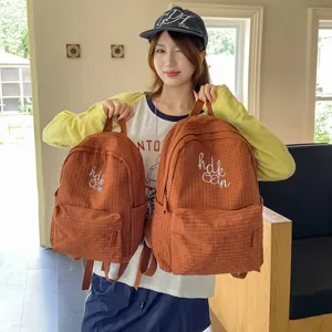 Warm textured grid student backpack casual lightweight daily school bag for women outdoor use