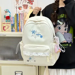 White canvas backpack detail featuring delicate lace trim, cute snowflake embroidery and large capacity.