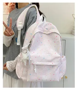 Close-up detail of the pink star pattern backpack, featuring cute aesthetic design and soft fabric.