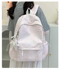 Detailed view of the pink star-printed backpack, showing side pockets and cute star pendant.