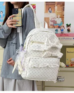 Sweet bow polka dot backpack for teen girls cute lace school bookbag casual travel daypack