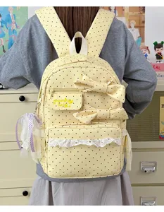 Cute polka dot backpack with bows and lace, perfect for sweet girls and daily school use.