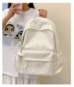 Pastel star print canvas backpack for daily commuting, casual school cute bookbag.