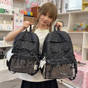 Korean style black polka dot student backpack with transparent front pocket and cute bows.