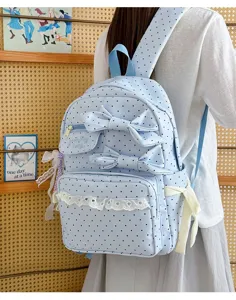 Light blue polka dot backpack detail showing sweet bows and delicate lace trim for daily casual style.