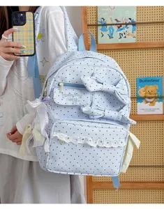 Cute polka dot backpack with bows and lace for teen girls school and travel sweet aesthetic