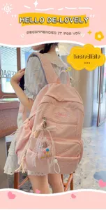 Cute pink casual backpack for teenage girls, large capacity school bag with chic embroidery.