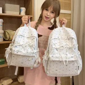 Korean sweet style polka dot bow student backpack, cute white casual daypack for daily use