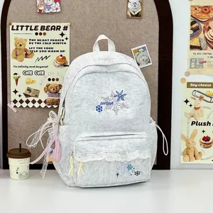 Cute grey aesthetic school backpack with lace trim, snowflake embroidery and sweet charms.