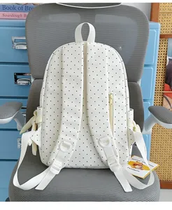Cute polka dot backpack with bows, soft casual daypack for school girls and travel daily use.