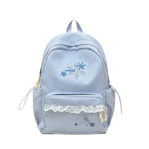 Light blue school backpack with cute lace trim snowflake embroidery large capacity daily commuter bag