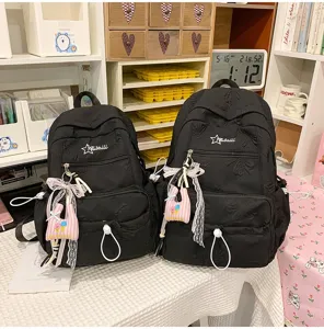 Cute ins style black school backpack large capacity casual daypack for student girls