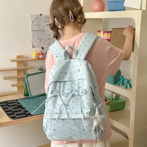 Light blue polka dot bow student backpack casual cute school bag daily campus style