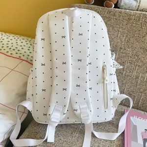 White bow polka dot backpack Korean sweet style casual school bag for daily use