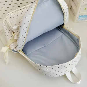 White polka dot backpack with cute bow for teen girls, main view showing spacious inside.