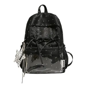 Black polka dot bow backpack with clear front pocket, sweet student school bag for daily use.