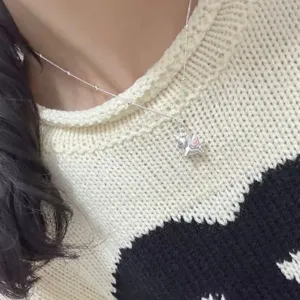 Close-up detail shot of a delicate silver clavicle chain featuring a cute unicorn pendant.