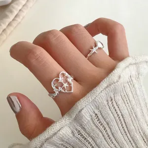 Süßer cooler ausgehöhlter Herz Stern Silber Offener Ring modischer Fingerschmuck