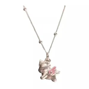 Charming silver pegasus pendant necklace featuring delicate pink enamel wings and beaded chain details.