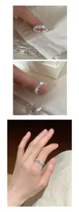 Silver open ring with blue and white flower crystals, trendy ins style finger jewelry for women.