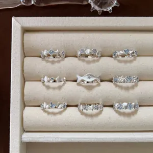 Sweet light luxury blue crystal star flower silver rings set, ins style chic adjustable jewelry