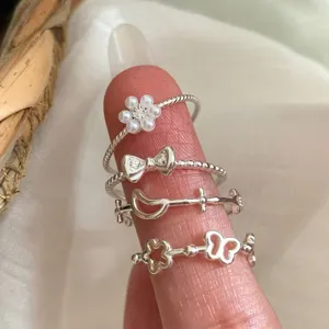 Minimalist Copper Open Adjustable Ring Women Fashion Geometric Zircon Butterfly Moon Flower Finger Ring Jewelry Gift