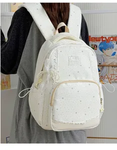 Cute star print lace backpack with pearl bow, sweet daily school bag for students and girls.