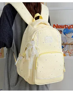 Cute star print school backpack with lace trim, ideal for daily student use and outdoor trips.