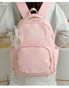 Pink sweet star printed school backpack with cute lace trim and pearls for daily student use.