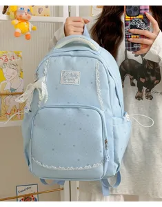 Sweet French lace star print backpack for school, casual daily use, and cute student travel.