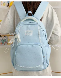 Sweet girlish blue star print backpack with French lace trim for daily student school and travel.