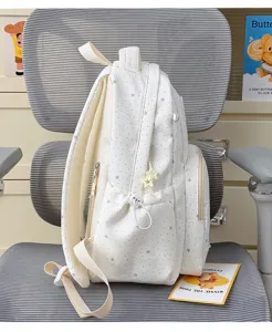 White backpack with grey stars pattern, casual style school bag for students and daily travel.