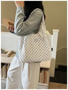 White polka dot pearl canvas shoulder bag casual daily versatile cute underarm bag.