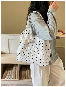 White polka dot canvas shoulder bag with pearl charm daily casual tote bag for women.