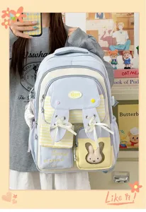 Sweet rabbit ear school backpack for girls, cute bow ribbon student daily double shoulder bag.