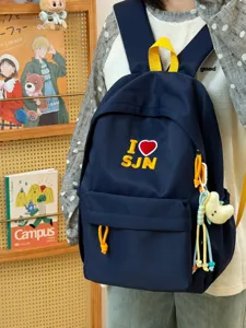 Dark blue canvas student backpack with contrast straps, stylish campus style for daily casual use.