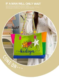 Colorful patchwork canvas shoulder bag large capacity casual tote bag with braided strap