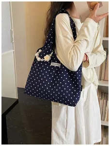 Navy blue polka dot canvas shoulder bag with pearl flower strap, casual daily underarm bag.