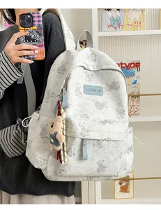Casual cute bear print backpack with plush pendant, stylish student daily commuter school bag.