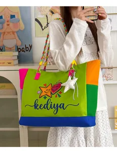 Colorful canvas tote bag color-blocked shoulder bag casual large capacity dopamine style