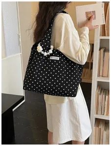Black white polka dot canvas shoulder bag casual tote daily retro underarm handbag for women