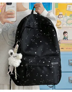 Detail view of the American college style star print backpack, perfect for daily campus life.