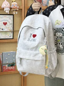 Grey melange student school backpack detail, casual canvas book bag with cute embroidered heart.