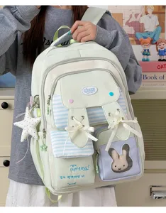 Cute aesthetic school backpack with bunny ears ribbons and clear plush pocket for daily wear