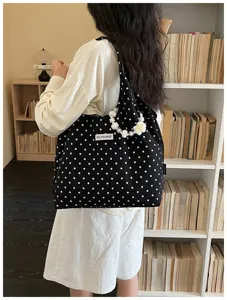 Black white polka dot canvas shoulder bag with pearl flower handle, casual daily tote.