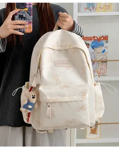 Casual commuter backpack with cute bear pattern, large capacity daily school bag for students