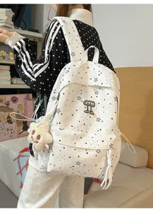 White star print backpack student casual bookbag multi-compartment daily daypack