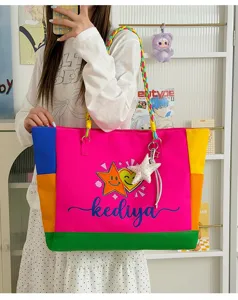 Colorful dopamine colorblock canvas tote bag, lightweight large capacity casual shoulder bag.
