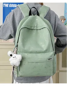 American college style star print backpack for students daily use cute school bag green